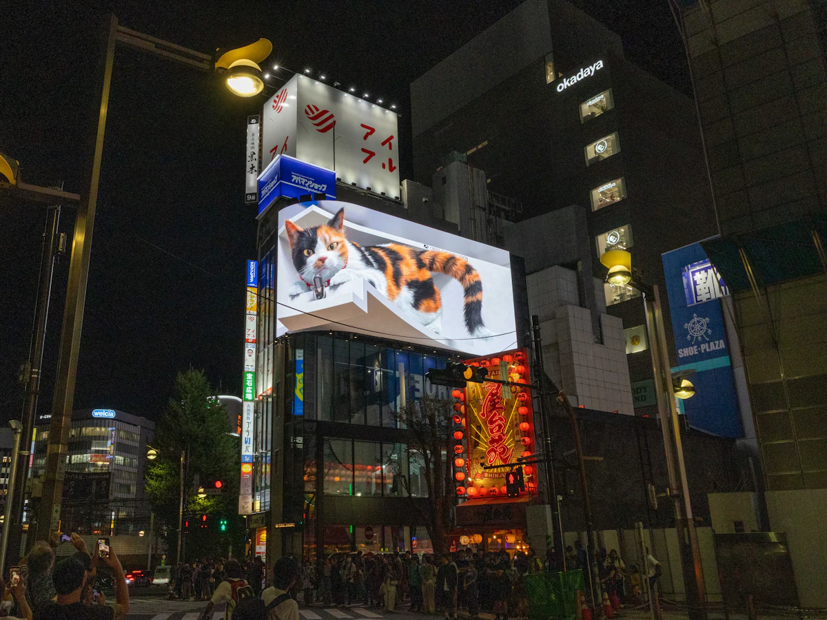 Large illuminated billboard mounted on a building facade at night