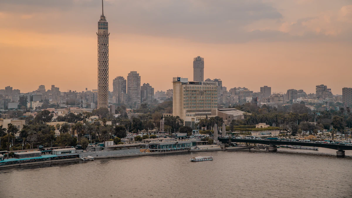 Cairo skyline at sunset with the Cairo Tower above the Nile
